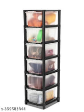 Transparent black plastic drawer organizer system for storage of clothes, toys, shoes etc with 6 layers, suitable for home organization
